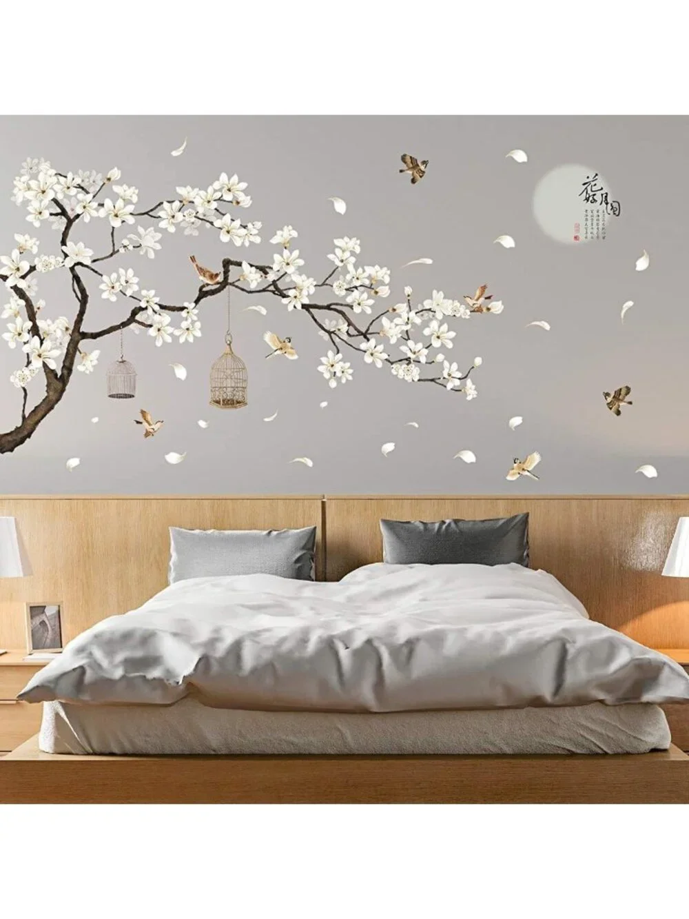 Removable White Peach Blossom Wall Decals - DIY Tree Branches & Birds Art for